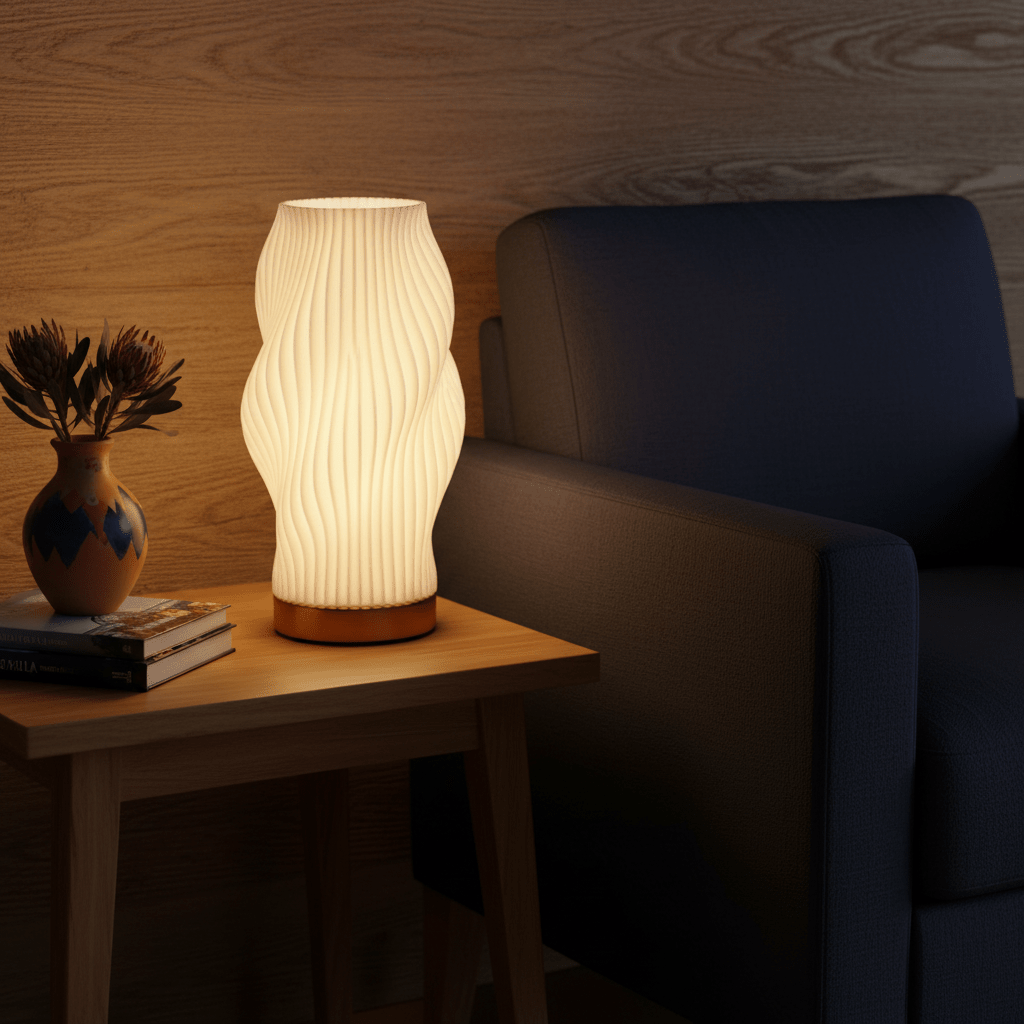 Dahlia 3D Printed Table Lamp on a wooden side table next to a dark blue sofa, with a vase and books.