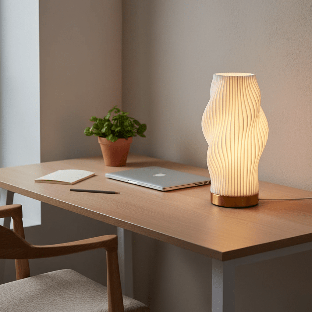 A modern 3D printed table lamp with a sculptural design on a wooden desk, beside a laptop and a potted plant.