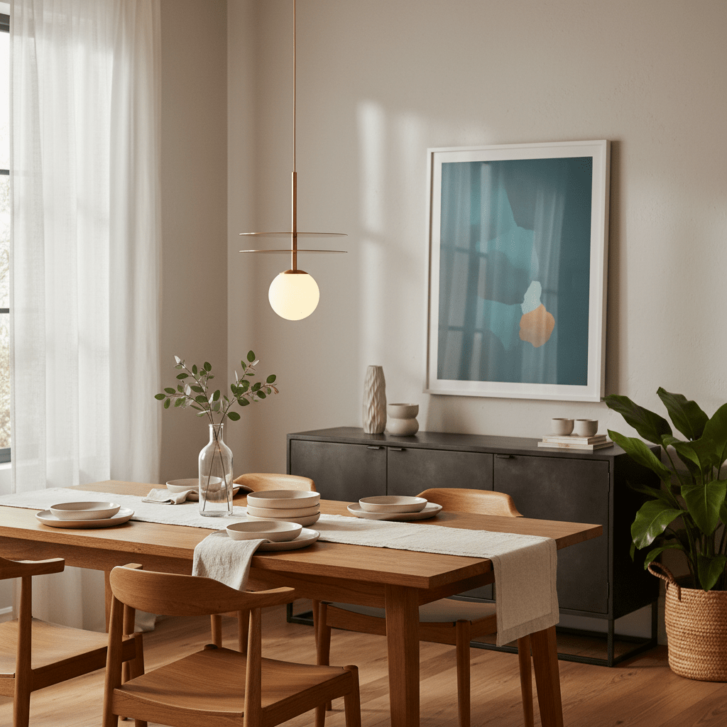 Catalina Duo Gold Pendant Light hanging above a wooden dining table set with plates and a vase.
