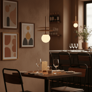 Catalina Duo Gold Pendant Light hanging above a dining table set with glasses and a menu in a warm-toned interior.