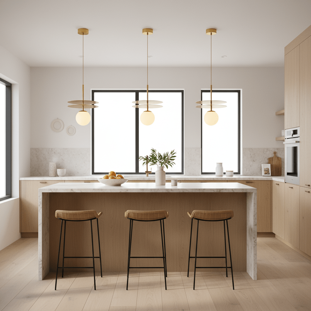 Three Catalina Duo Gold Pendant Lights hang above a modern kitchen island with a marble top and wooden cabinetry.
