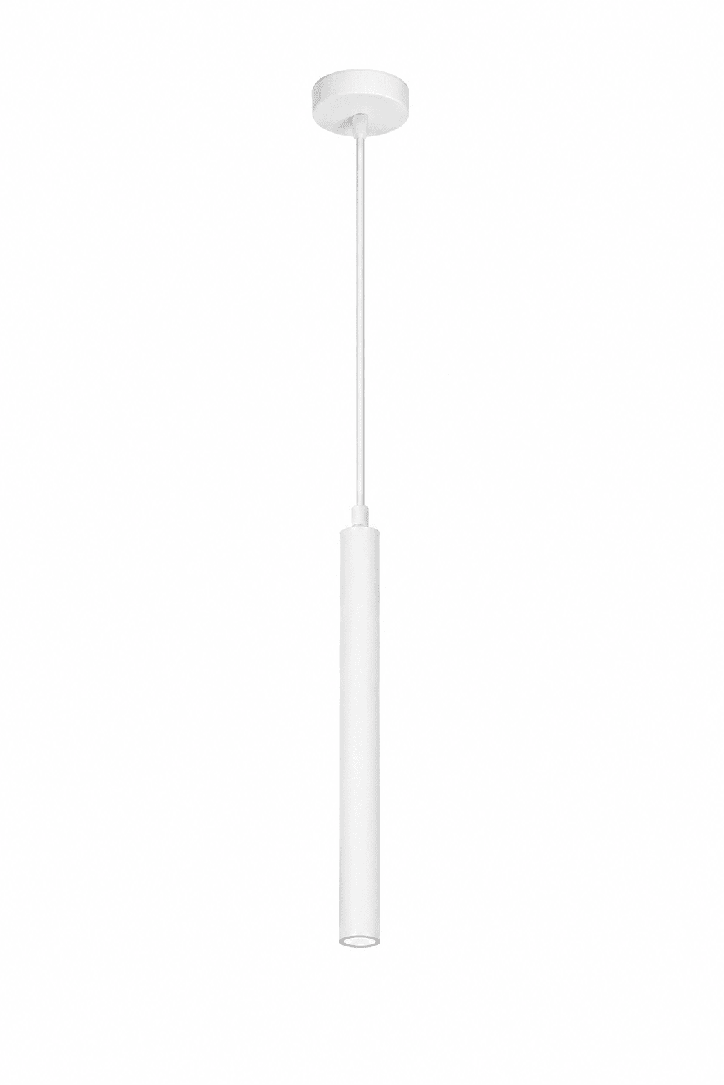 Slim round LED pendant light in white, suspended from a ceiling mount with a clean design.