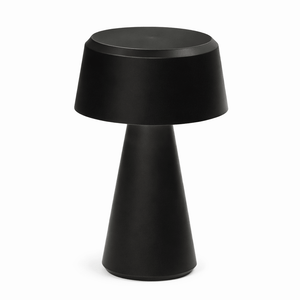 Black lamp with a cylindrical base and conical top on a white background