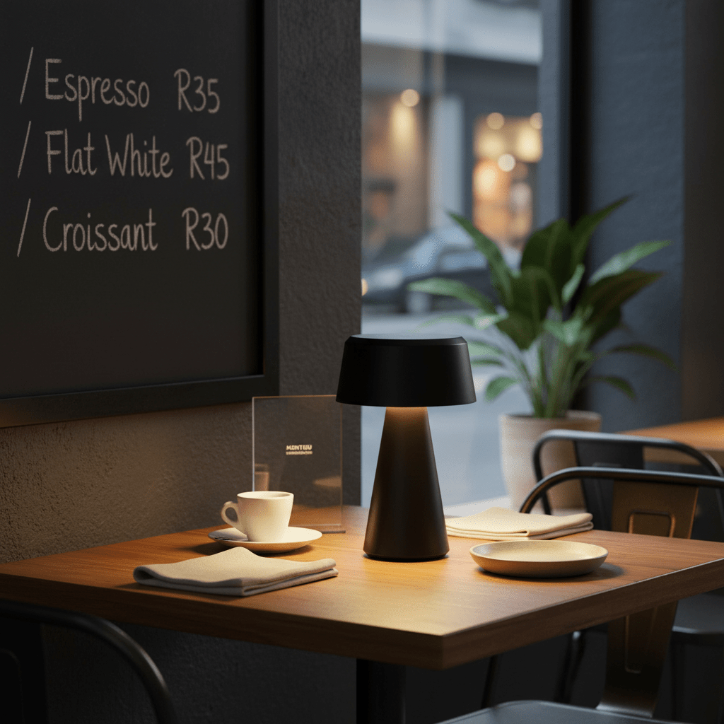 Montego LED Rechargeable Table Lamp on a restaurant table, providing warm light beside a coffee cup and plates.