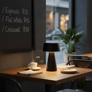 Montego LED Rechargeable Table Lamp on a restaurant table, providing warm light beside a coffee cup and plates.
