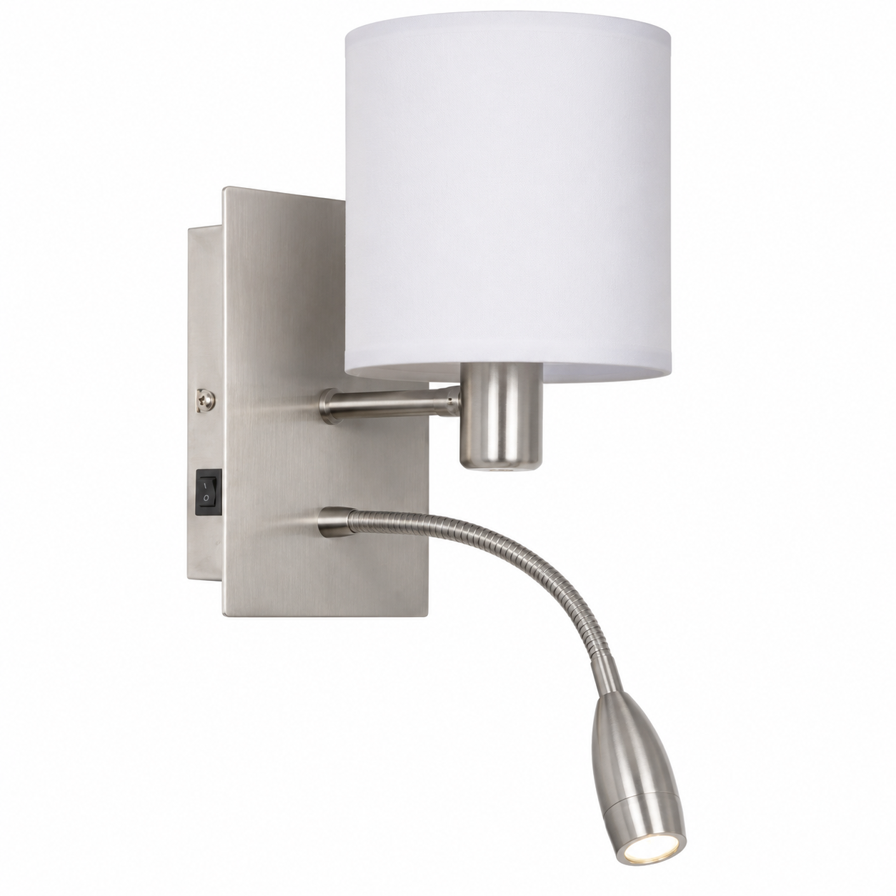 Wall-mounted light fixture with a white shade and flexible reading lamp on a white background
