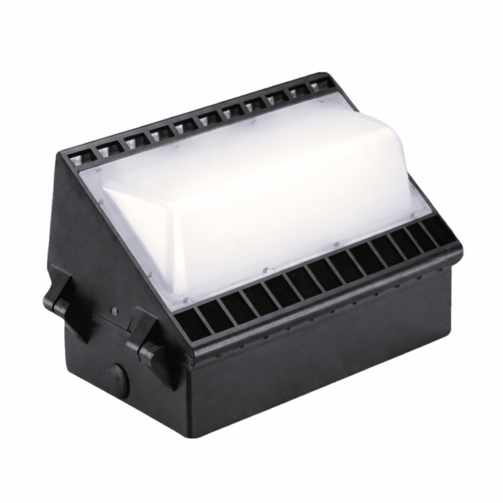 Black outdoor floodlight on a white background