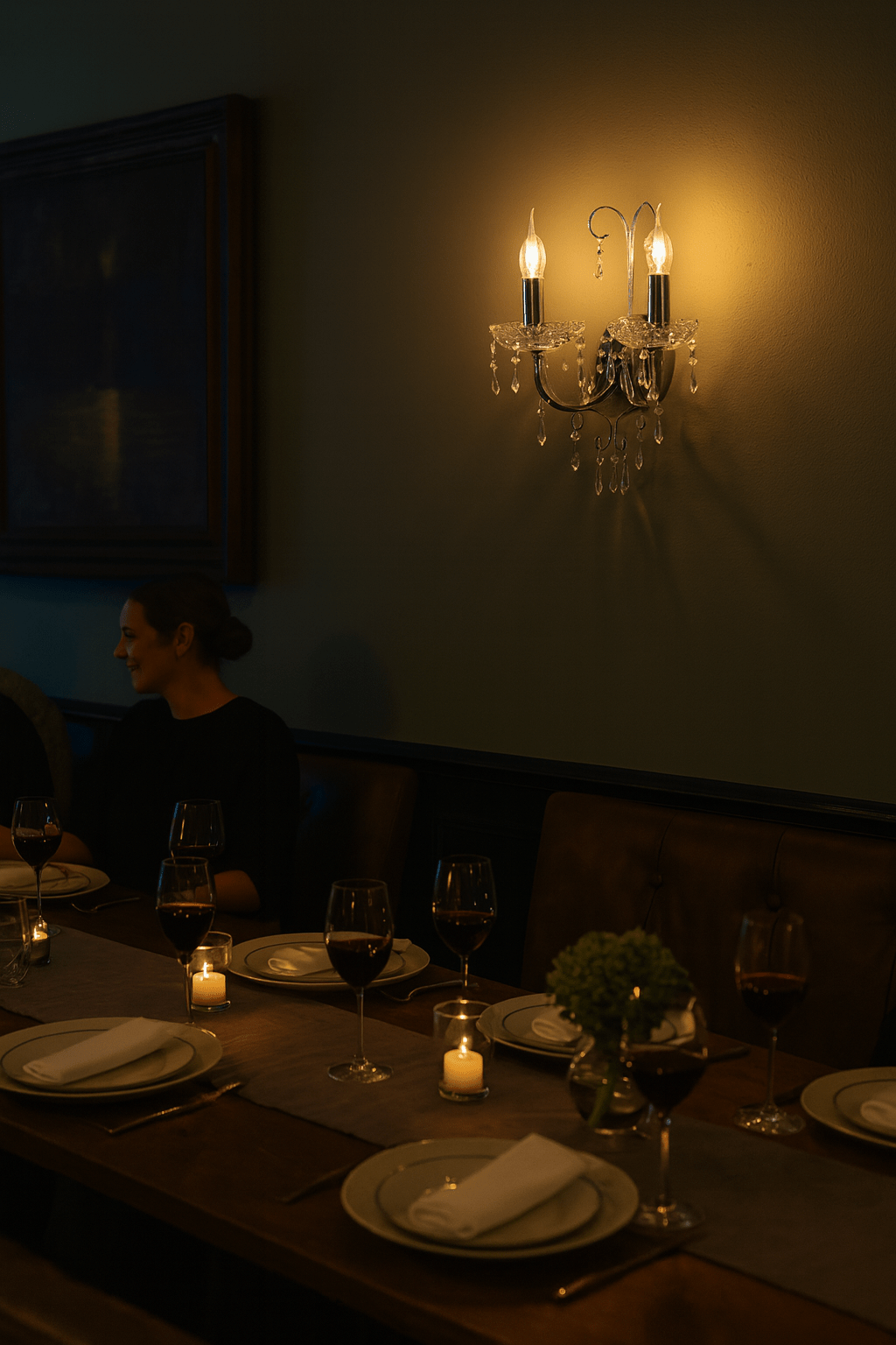 Elegant wall light with crystal embellishments illuminating a dining table setting.