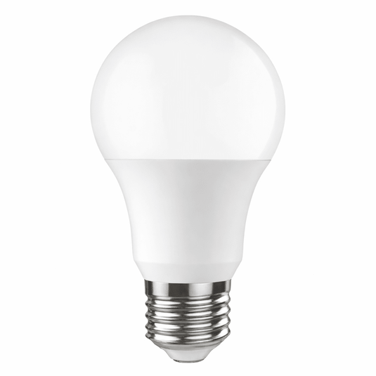 Close-up of a 9W LED bulb with a smooth opal finish, showcasing its E27 base and rounded shape.