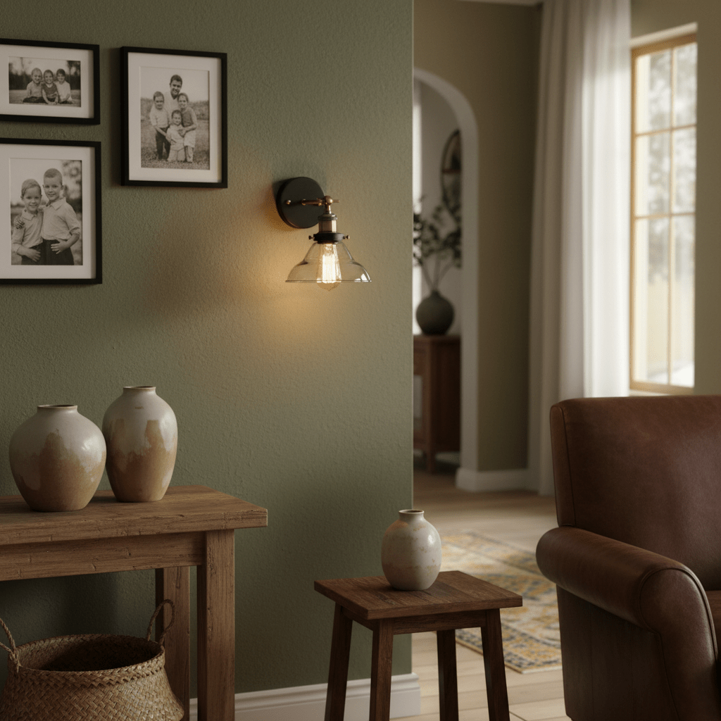 Antique brass wall light with adjustable arm illuminating a cozy indoor setting, featuring decorative vases and framed