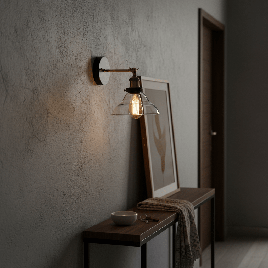 Antique brass wall light with adjustable arm illuminating a textured wall, beside a wooden console table.