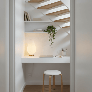 A cozy workspace featuring the Bluebell table lamp on a white desk, illuminated softly, with books and a plant nearby.