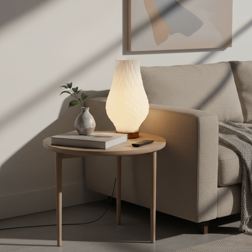 A modern 3D-printed table lamp on a wooden side table next to a cozy sofa, with a small vase and book.
