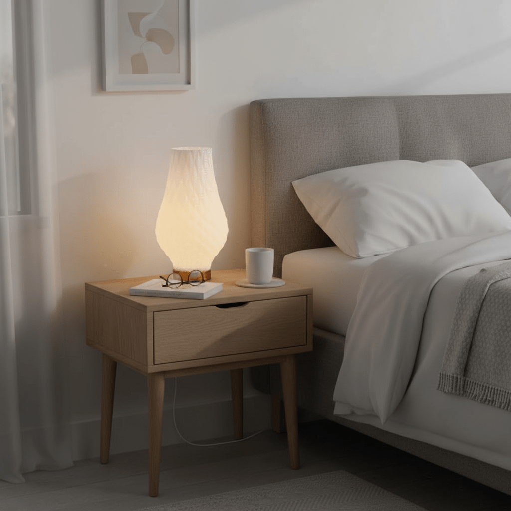 A modern 3D-printed table lamp on a bedside table, illuminating a cozy bedroom scene.