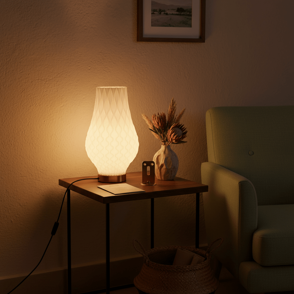 A modern 3D-printed table lamp with a textured white shade on a wooden side table, beside a green chair and decorative vase.
