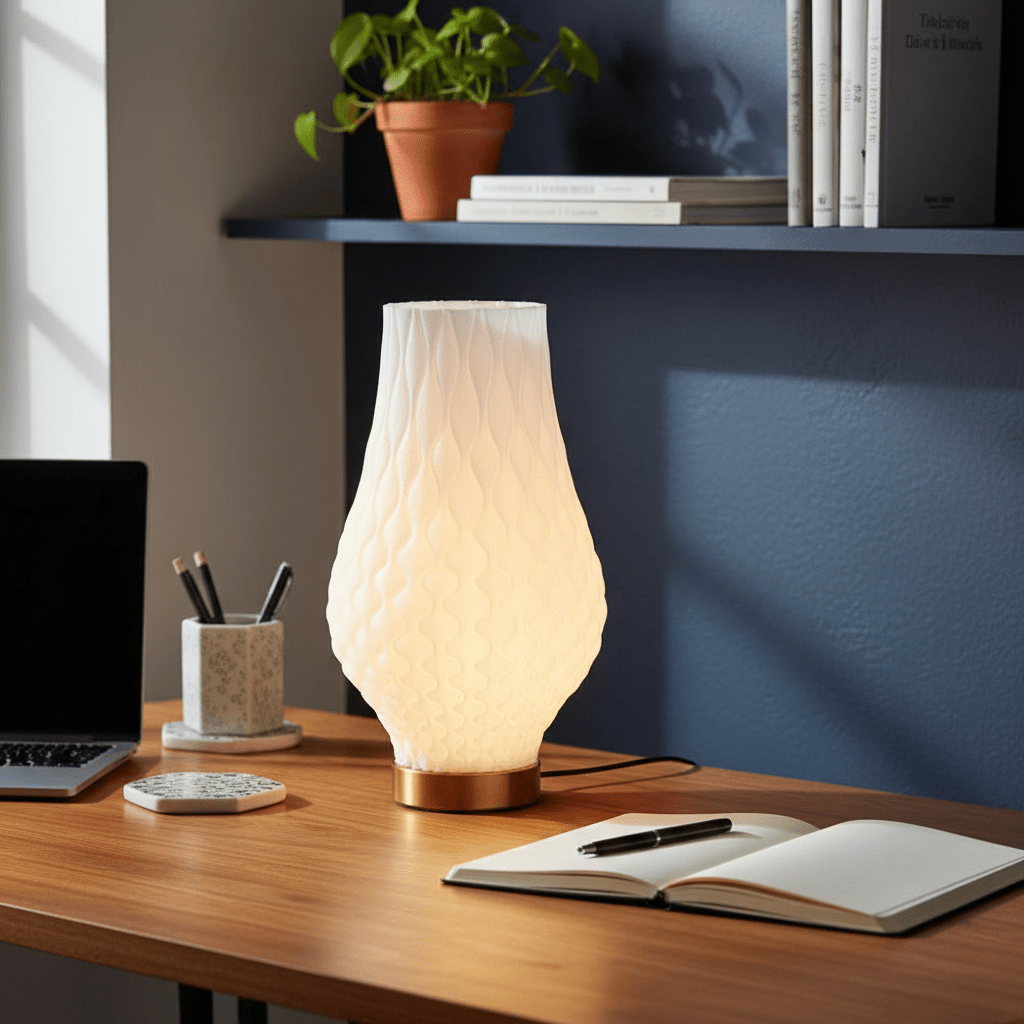 3D printed table lamp with a wavy design on a wooden desk, surrounded by a plant, notebook, and laptop.
