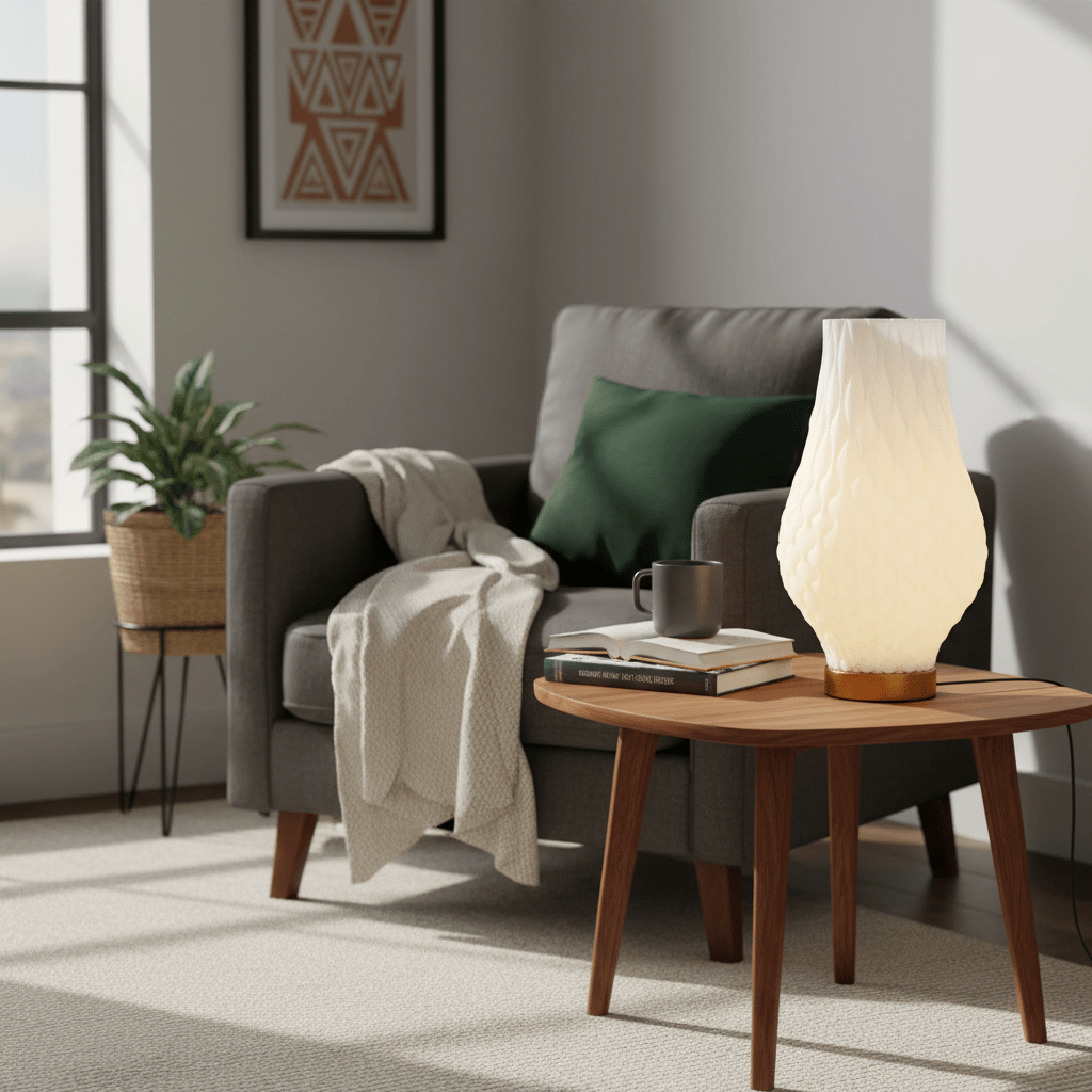 A modern 3D-printed table lamp on a wooden side table next to a cozy armchair, with a plant and books nearby.