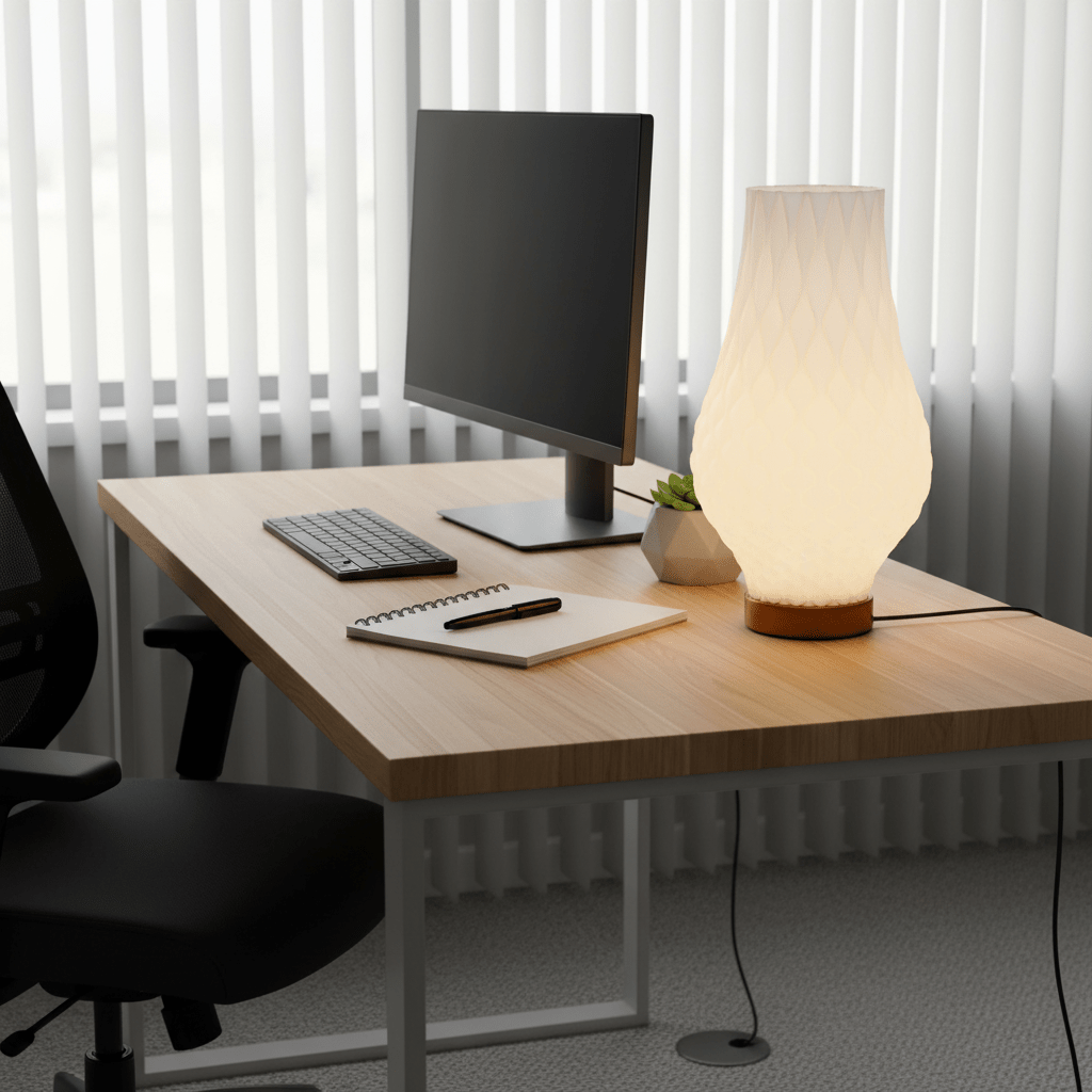 3D printed table lamp on a wooden desk beside a computer, with a notebook and pen.