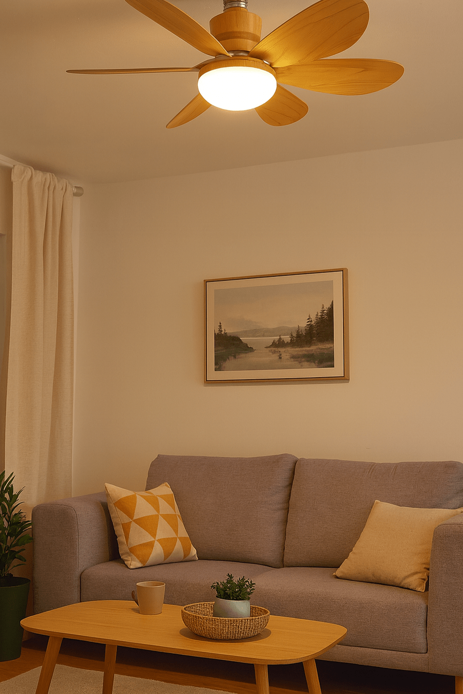 Living room with a ceiling fan, sofa, and wall art