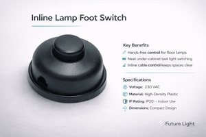 Close-up of an inline lamp foot switch, showcasing its compact design and key benefits for hands-free lighting control.