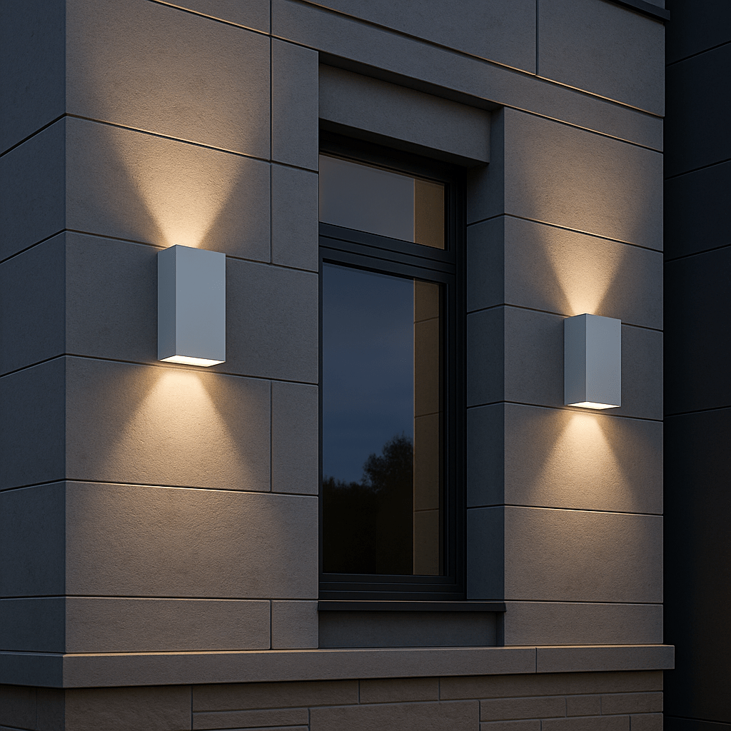 Modern building exterior with square wall lights on a dark night.