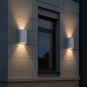 Modern building exterior with square wall lights on a dark night.