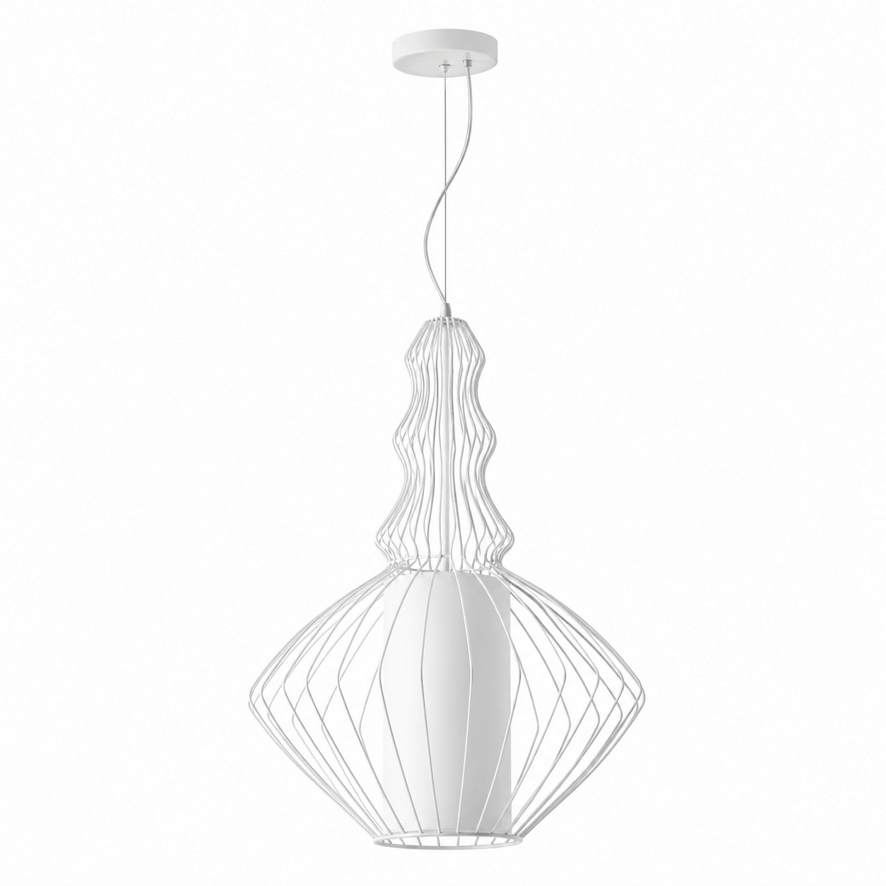 White wide wire metal pendant light with a fabric shade, suspended from a ceiling mount.