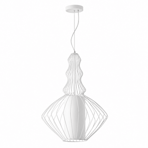 White wide wire metal pendant light with a fabric shade, suspended from a ceiling mount.