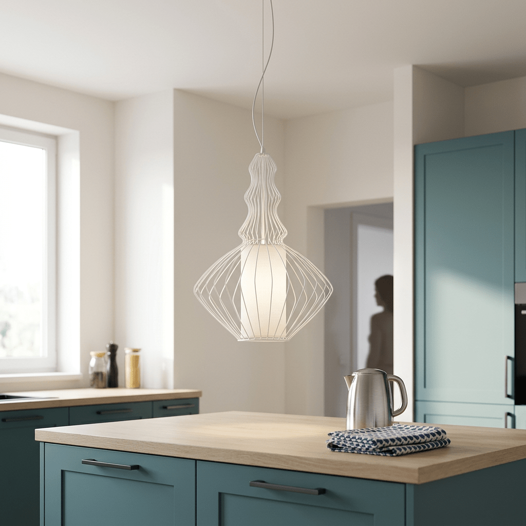 White Wide Wire Metal Pendant Light - Fabric Shade