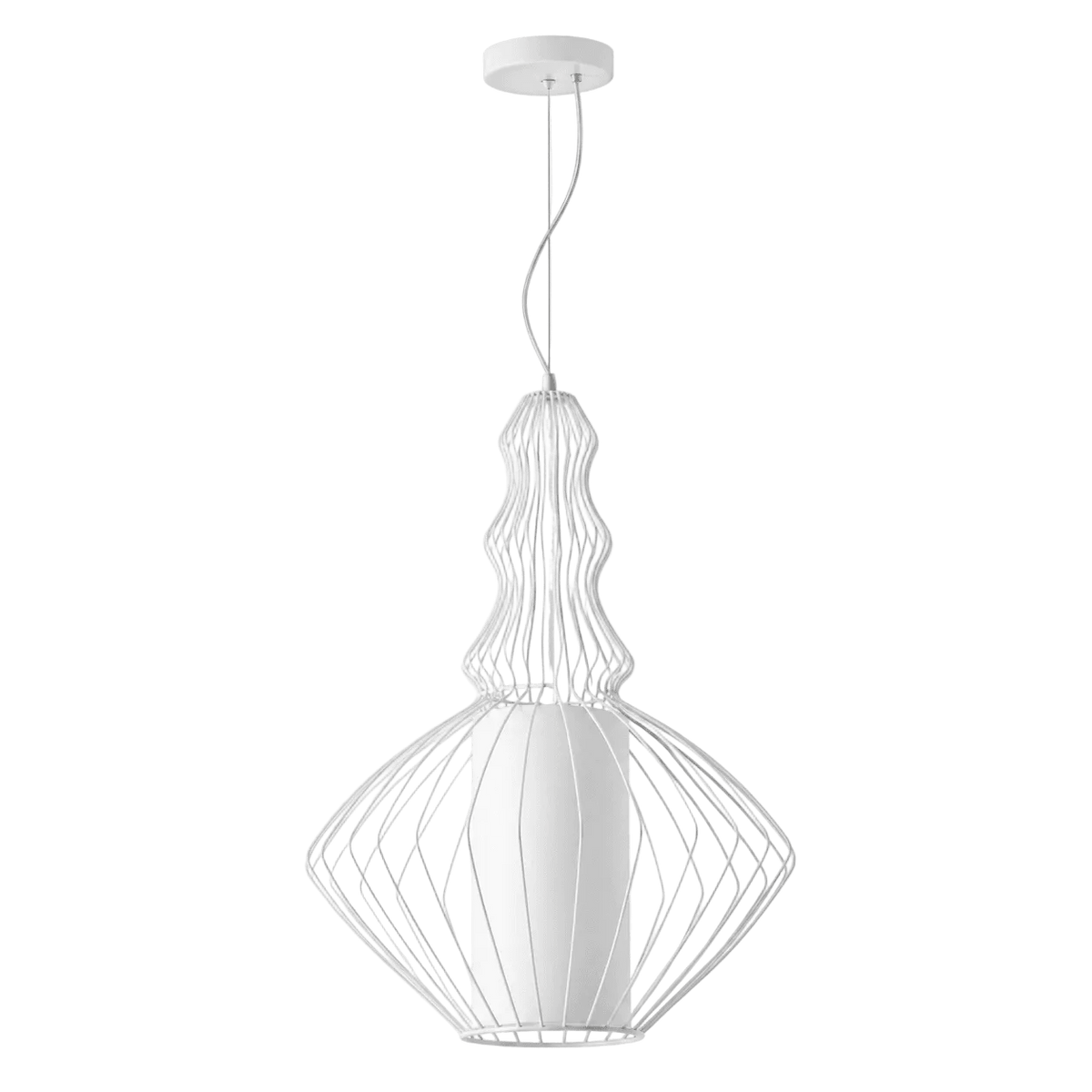 White Wide Wire Metal Pendant Light - Fabric Shade