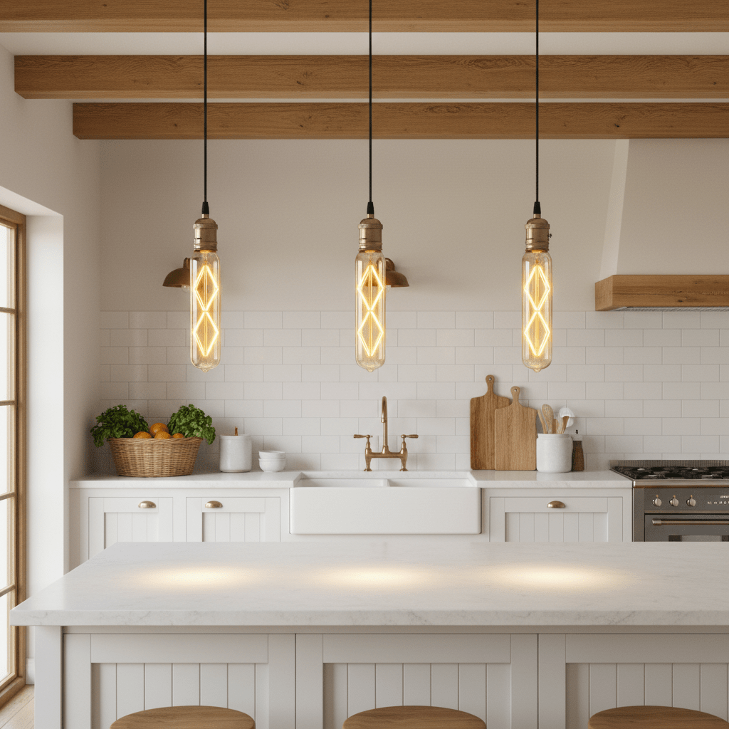 Modern kitchen with white cabinetry, marble countertop, and pendant lights.
