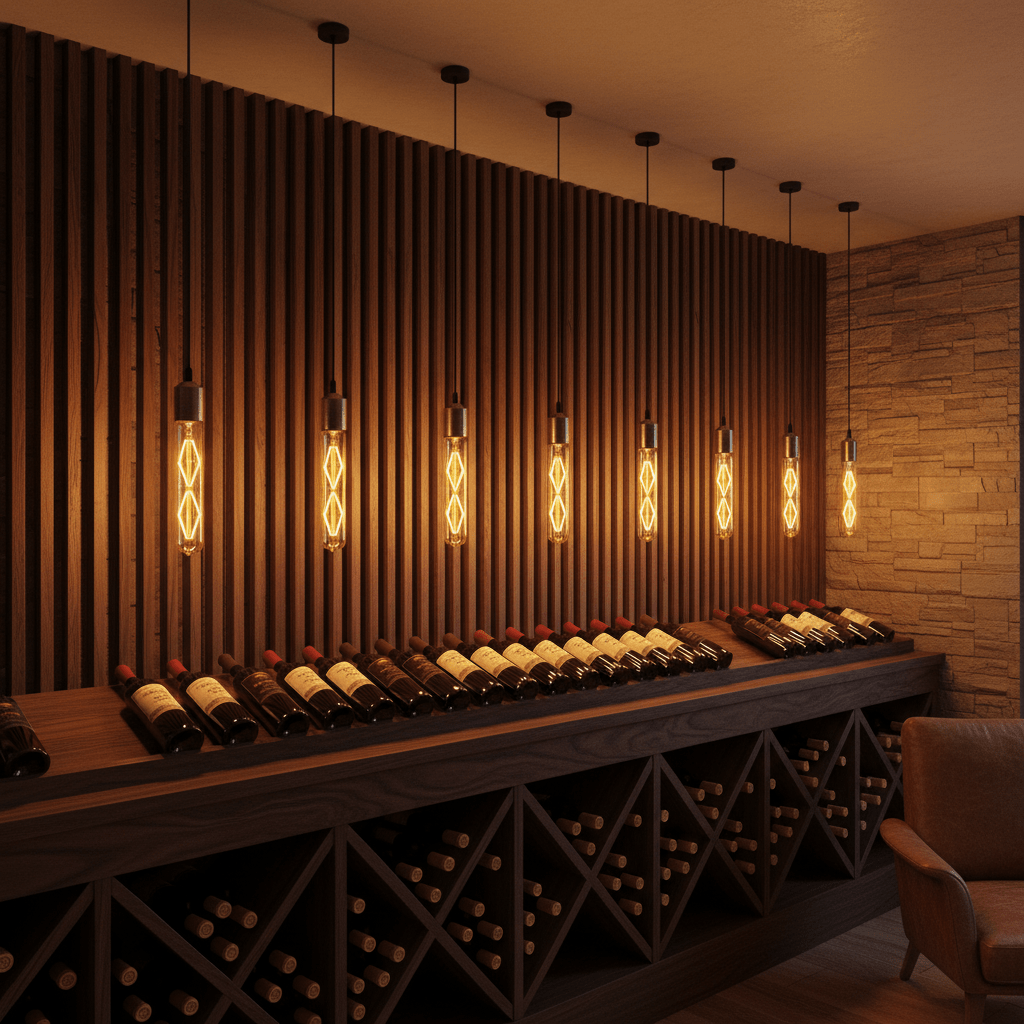 Wine bottles displayed on a wooden shelf with decorative lighting in a dimly lit room.