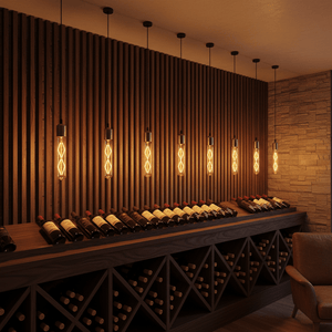 Wine bottles displayed on a wooden shelf with decorative lighting in a dimly lit room.