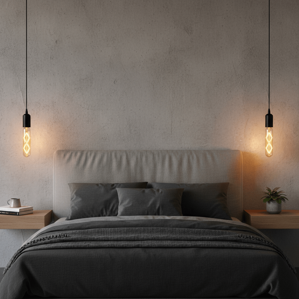 Amber LED filament bulb in a stylish bedroom setting, illuminating a cozy bed with dark linens.