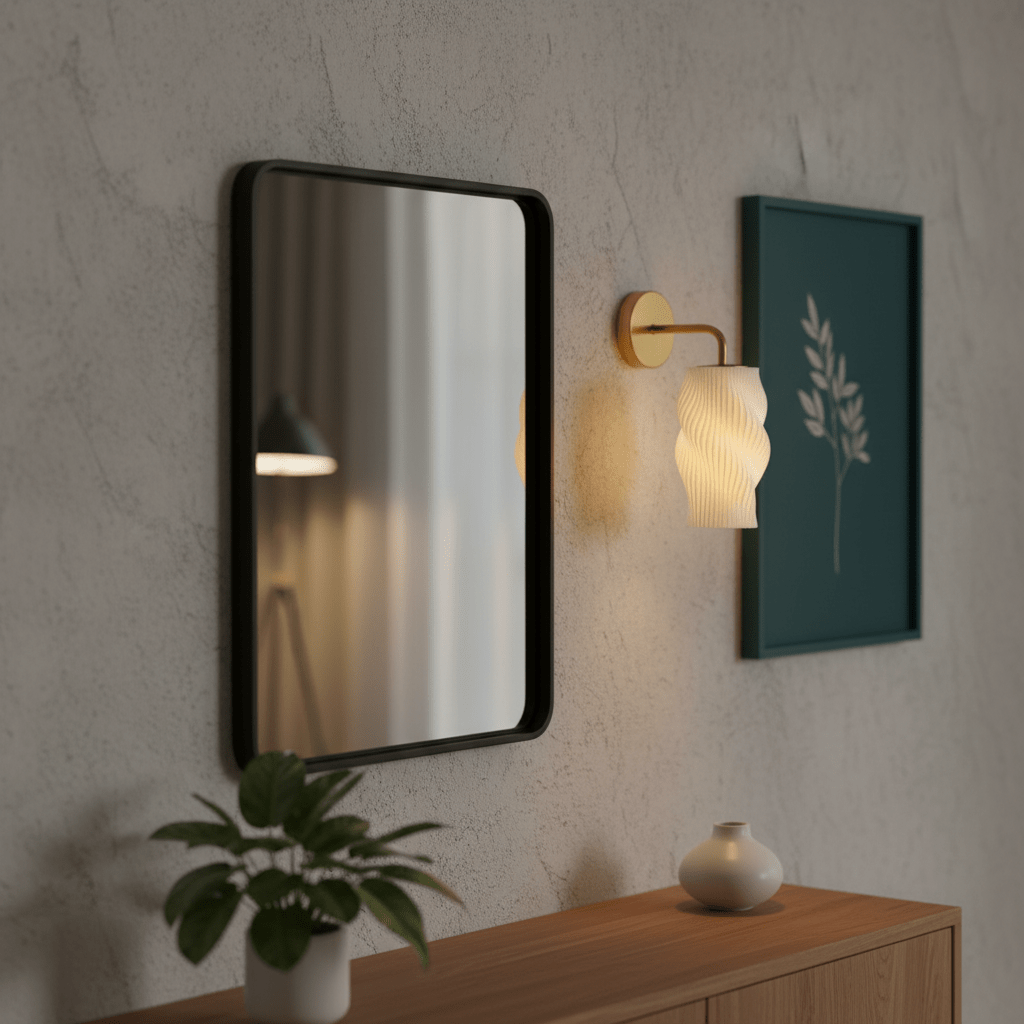 Dahlia 3D Printed Wall Light mounted beside a mirror and artwork, illuminating a stylish interior.