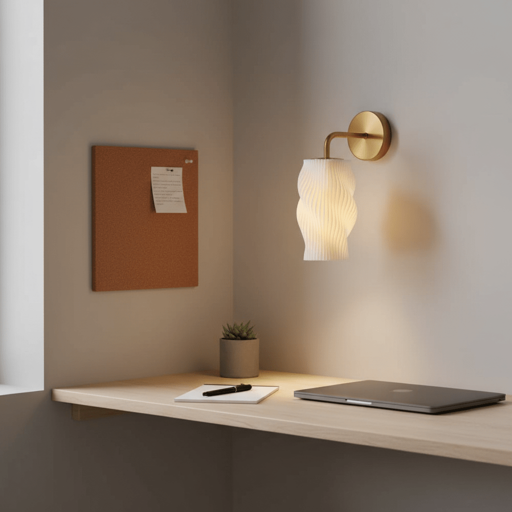 Dahlia 3D printed wall light illuminating a workspace with a cork board and potted plant.