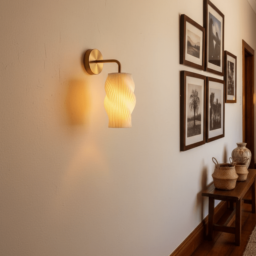 3D printed wall light with a sculpted shade illuminating a hallway, surrounded by framed photos and decor.