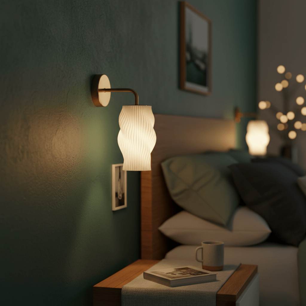 Dahlia 3D printed wall light mounted beside a bed, illuminating a cozy bedroom scene.