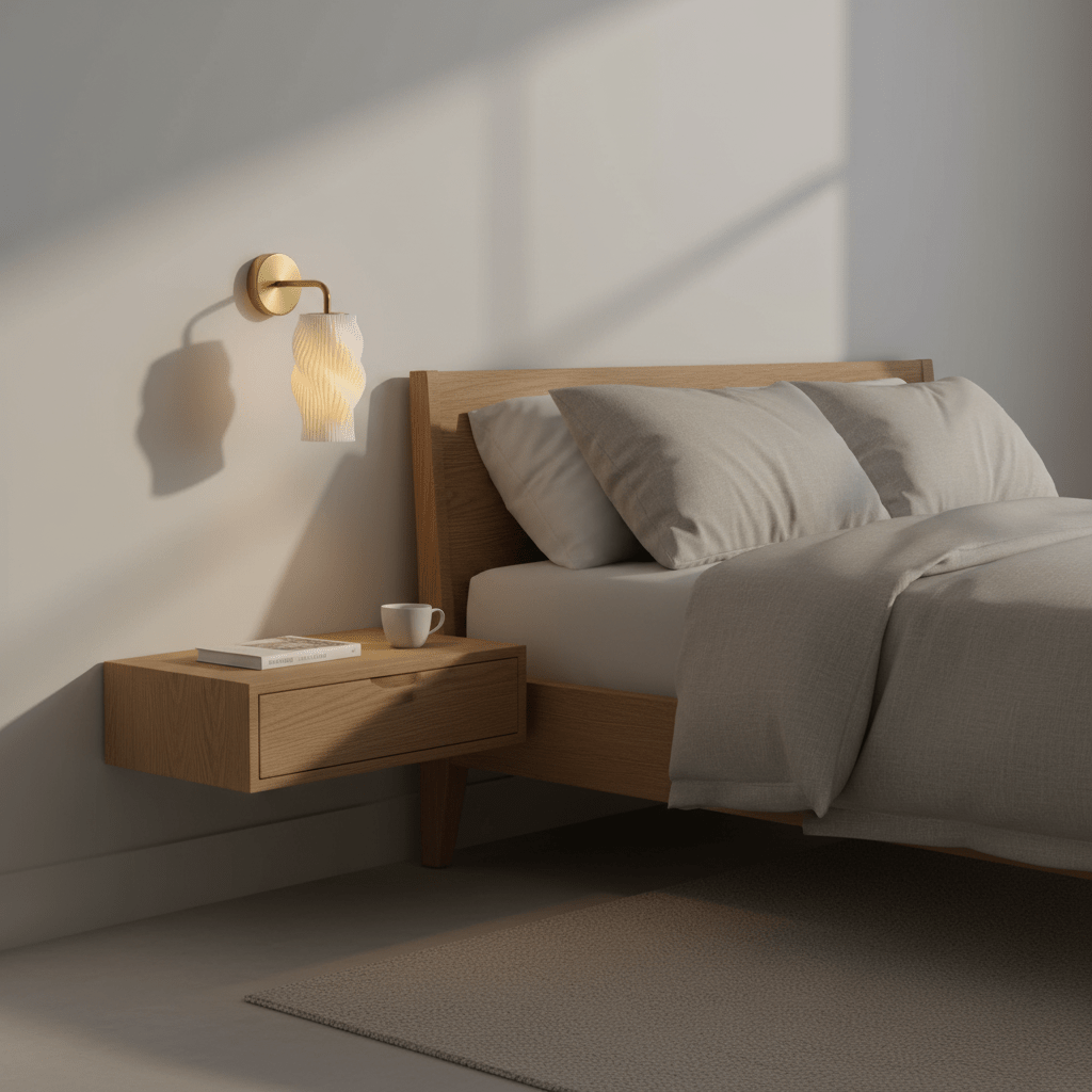 Dahlia 3D printed wall light mounted beside a wooden bed with soft bedding and a nightstand.