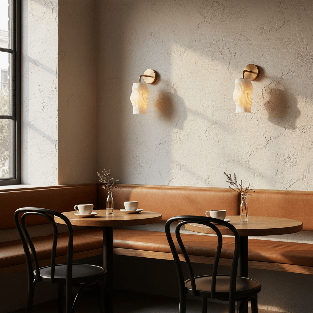 Two Dahlia 3D printed wall lights illuminate a cozy café corner with a wooden table and leather seating.