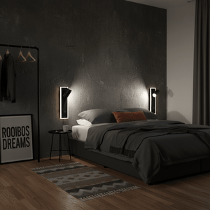 Modern bedroom featuring two wall-mounted LED bedside lights, a cozy bed, and a stylish rug.