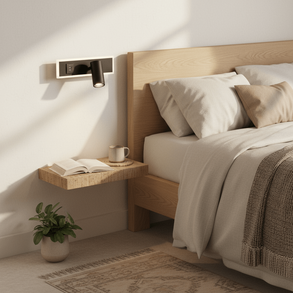 Modern bedside wall light mounted above a wooden nightstand with a book and coffee cup.