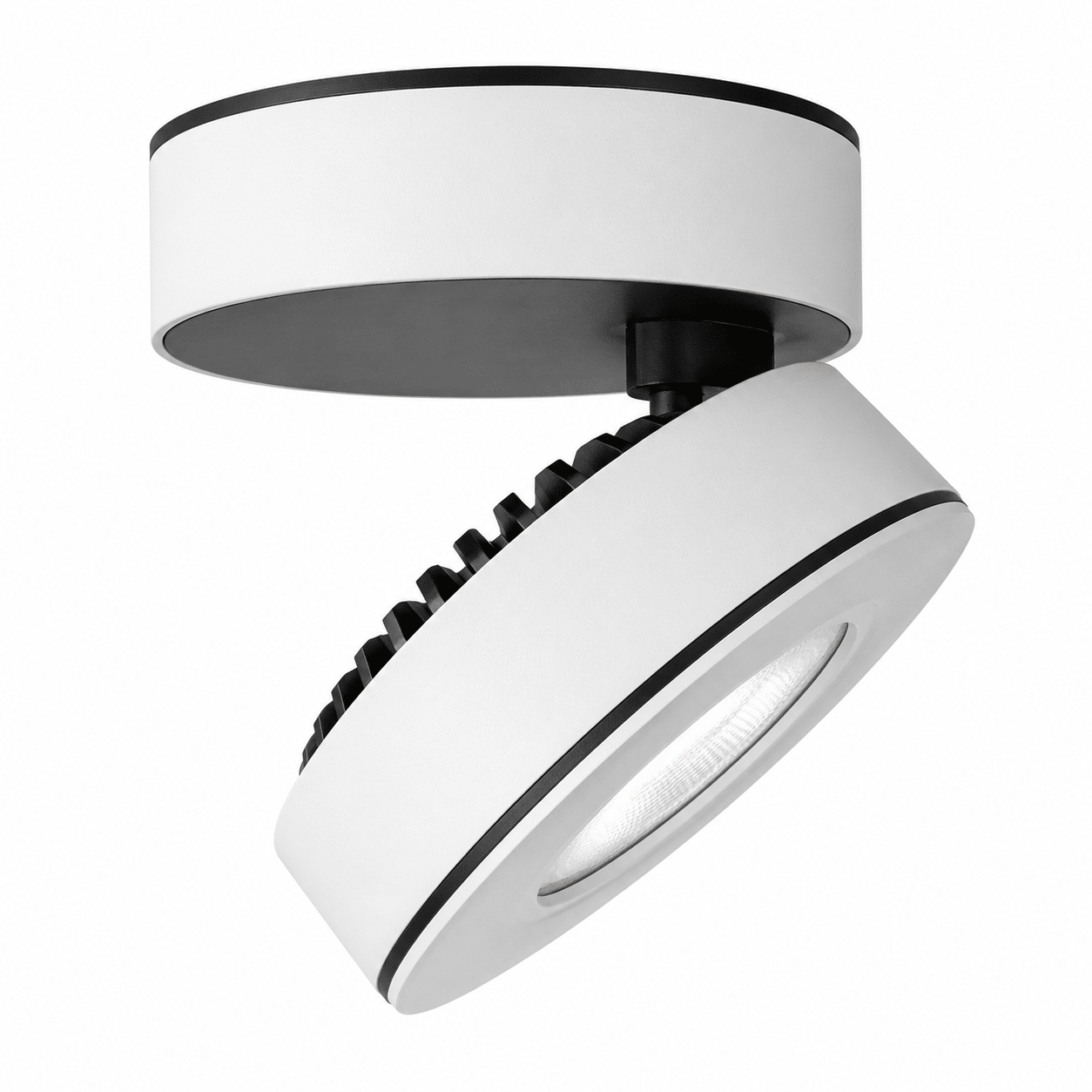 Adjustable LED downlight with a white finish, featuring a tilting head for focused lighting.