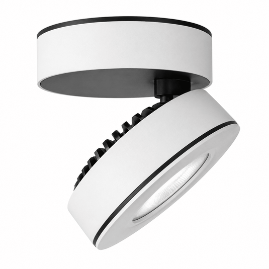 Adjustable LED downlight with a white finish, featuring a tilting head for focused lighting.