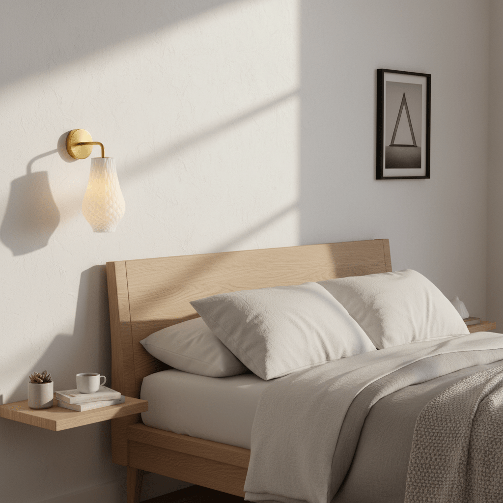 Stylish Bluebell wall light mounted beside a bed, casting a soft glow on the wall.