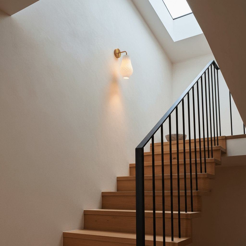 Stylish Bluebell wall light mounted on a staircase wall, illuminating the space with a soft glow.