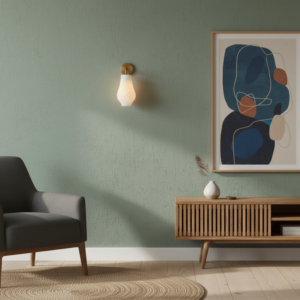 Stylish Bluebell wall light mounted on a green wall, illuminating a modern living space with a chair and artwork.