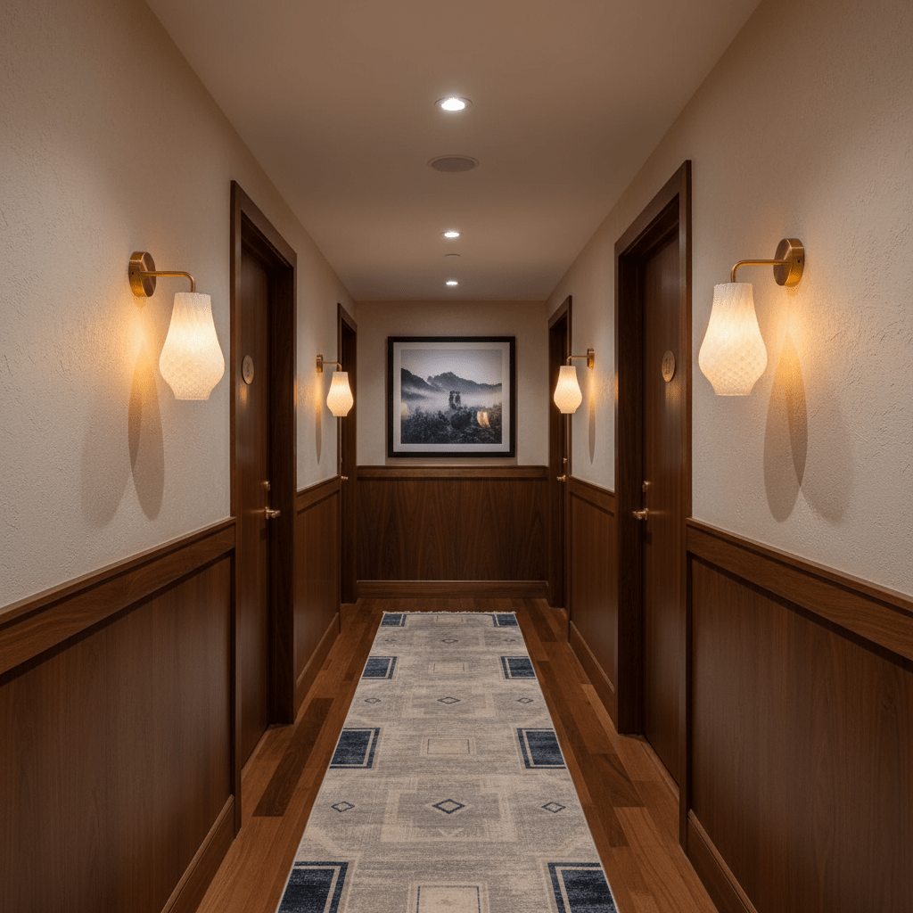 Stylish hallway featuring Bluebell wall lights illuminating the space with a warm glow.