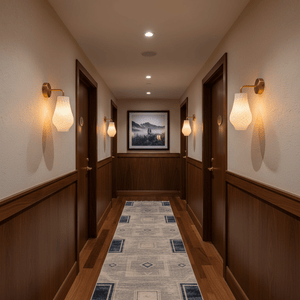 Stylish hallway featuring Bluebell wall lights illuminating the space with a warm glow.