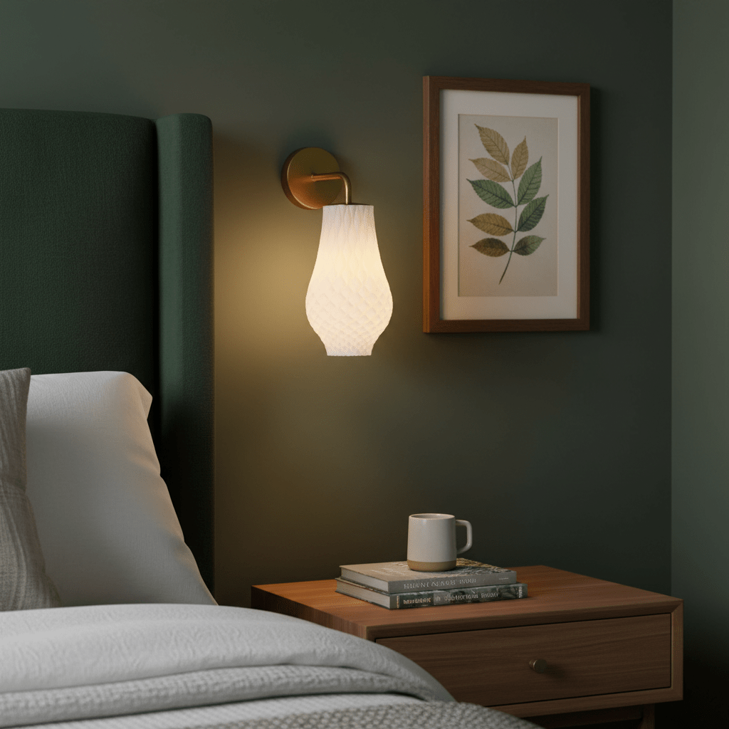 Stylish Bluebell wall light mounted beside a bed, illuminating a cozy bedroom with green walls.
